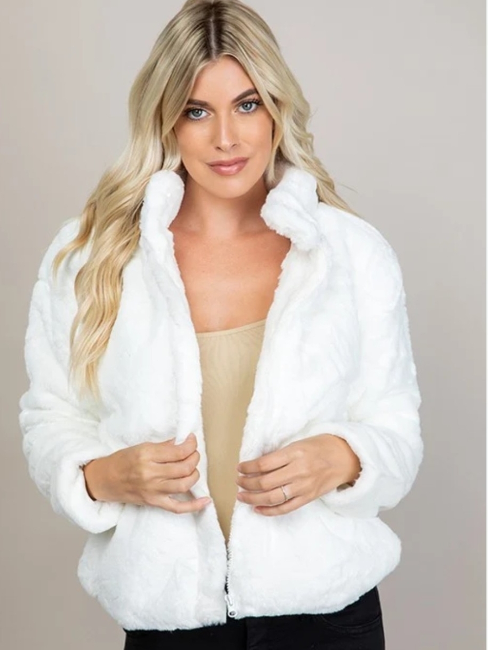 Ambiance White Faux Fur Teddy Bomber Jacket